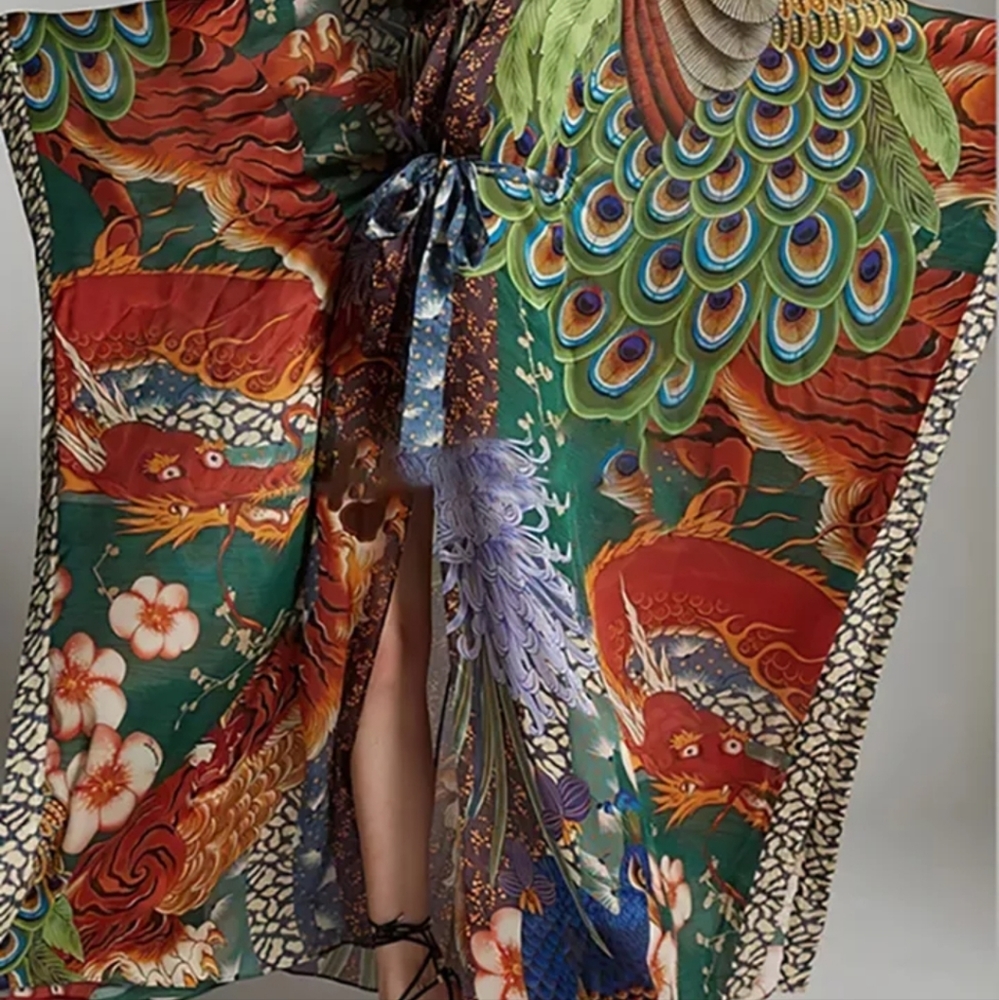 Peacock Feather Bohemian gypsy Kimono Duster - Picture 6 of 9